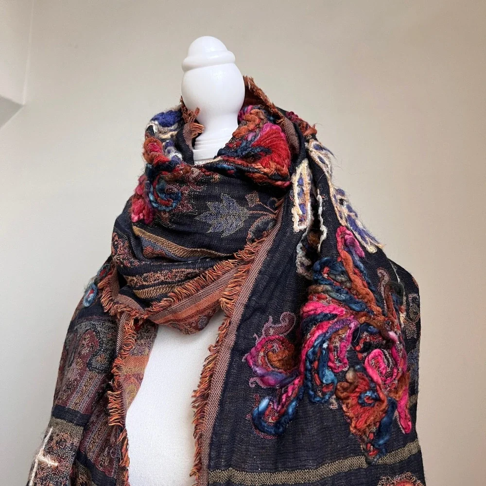 Vintage Boho Floral Tapestry Scarf Shawl Dark Artsy Forest Folk Chunky Wrap